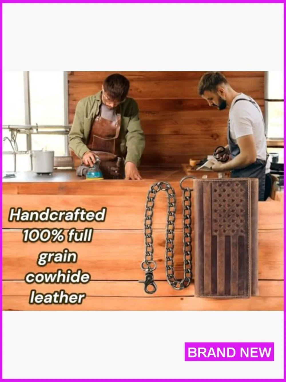 Men's Tri-Fold Leather Wallet RFID Blocking Chain Casual Classic Biker Style